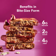 Close-up of a MINIS bar showing chewy texture and chips
