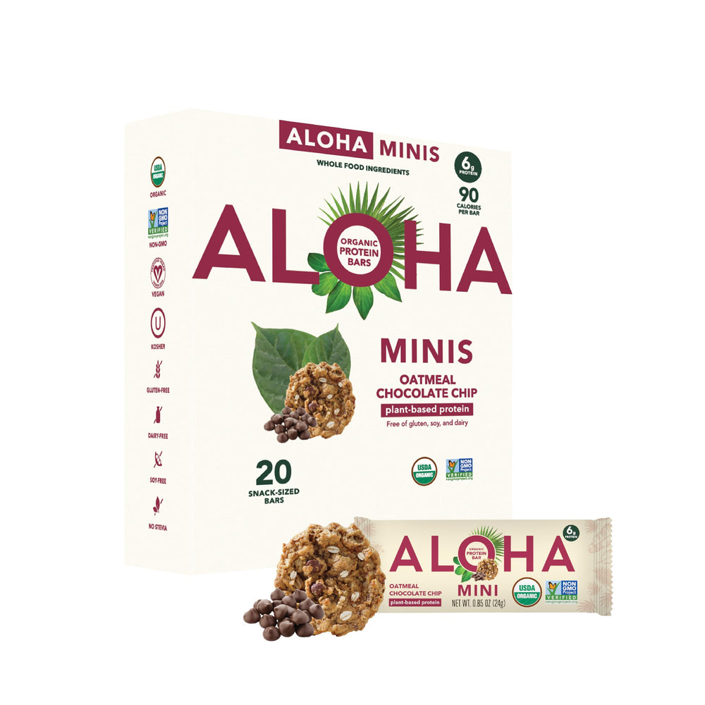 ALOHA Oatmeal Chocolate Chip MINIS pack front, ready for on-the-go snacking