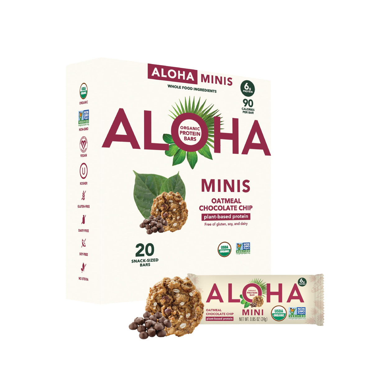 ALOHA Oatmeal Chocolate Chip MINIS pack front, ready for on-the-go snacking