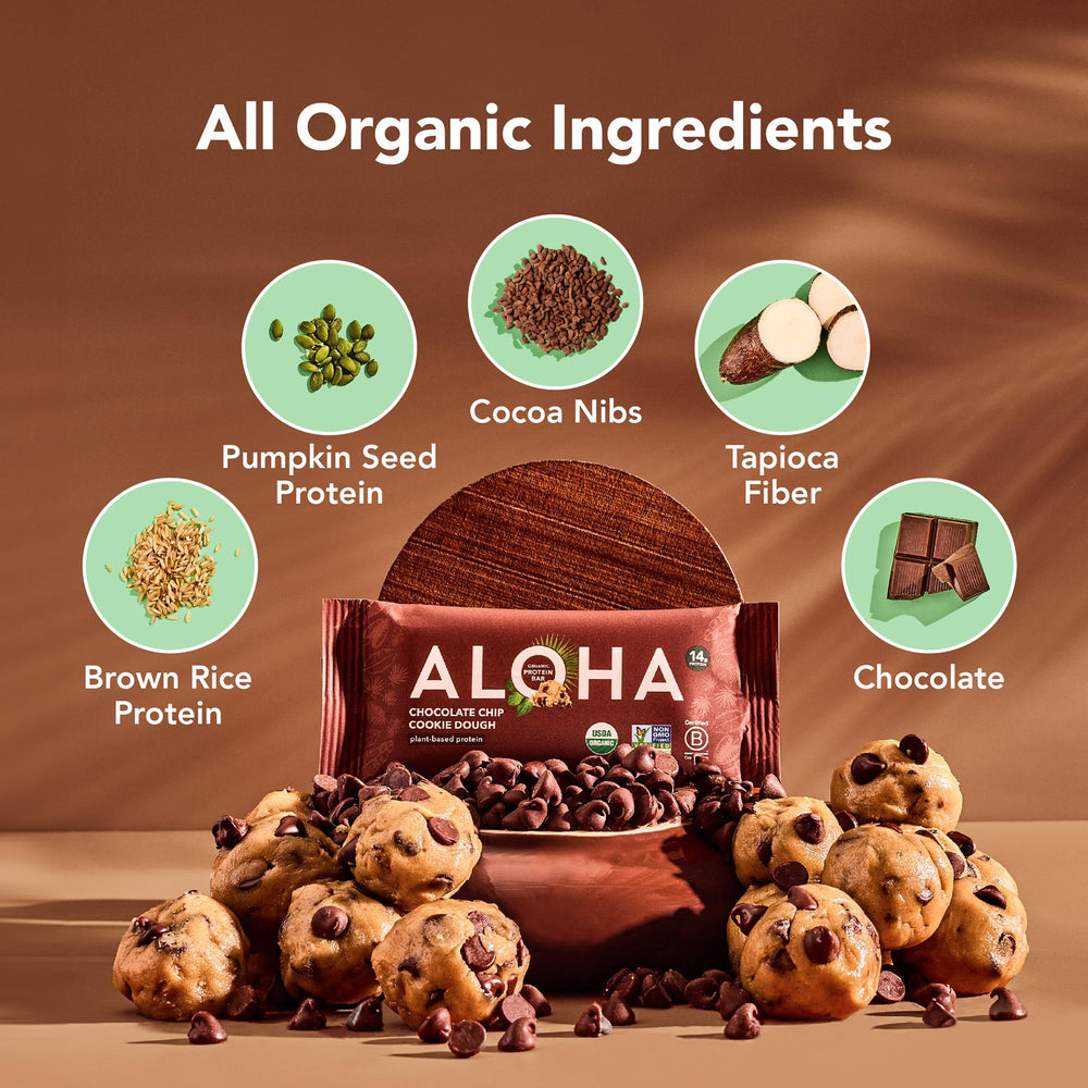 ALOHA ingredients panel highlights pumpkin seed and brown rice protein for steady energy.