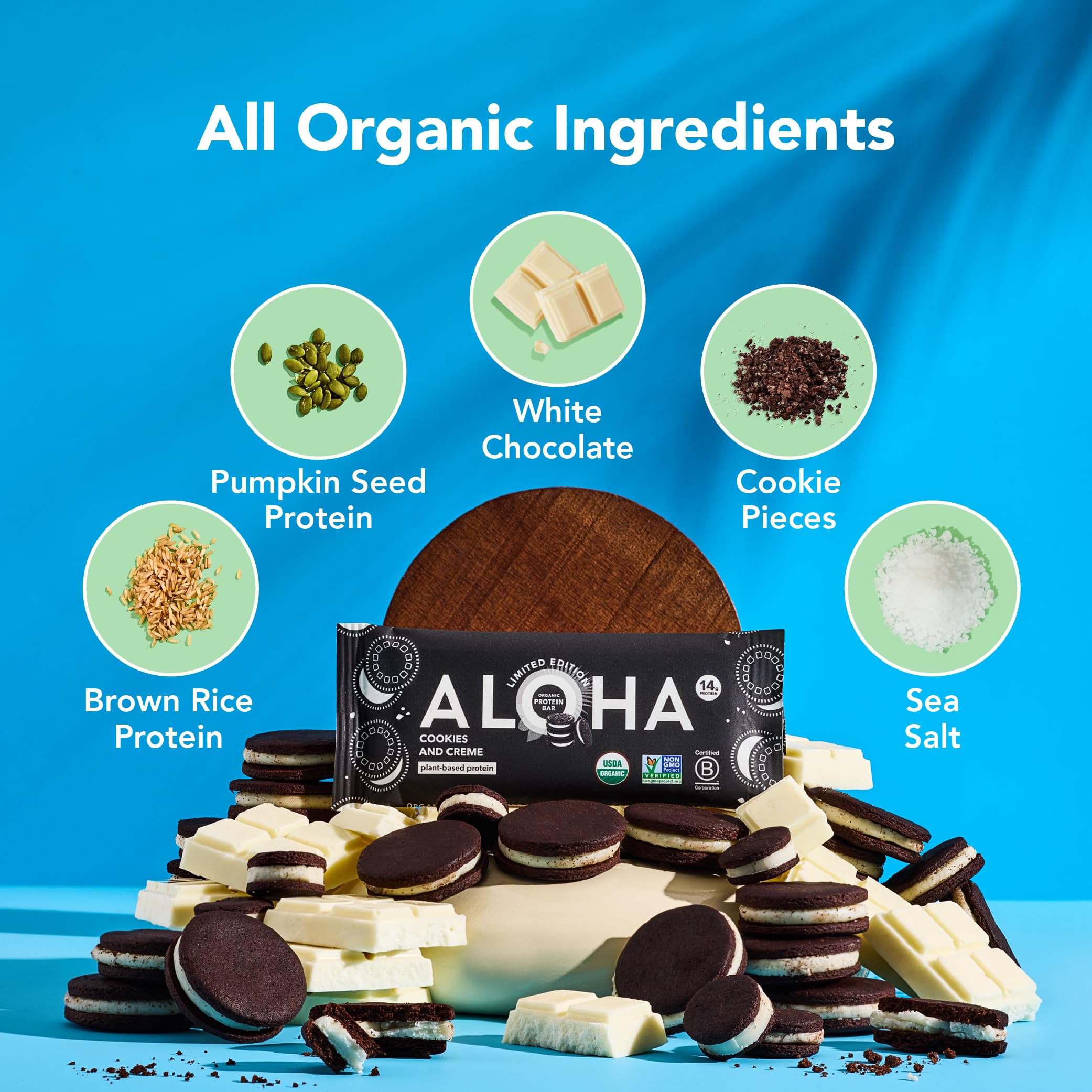 ALOHA Cookies and Creme nutrition facts show 14g protein and 10g fiber per bar.