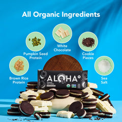 ALOHA Cookies and Creme nutrition facts show 14g protein and 10g fiber per bar.
