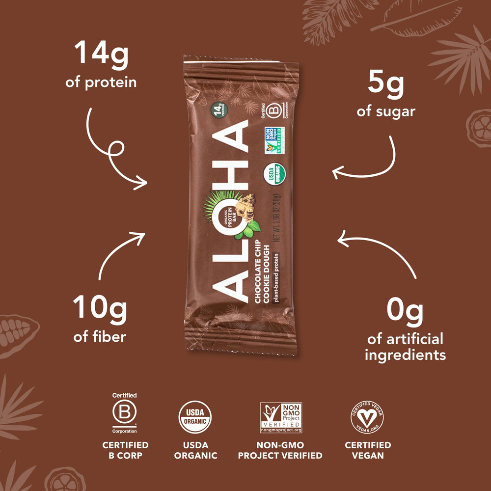 ALOHA nutrition panel lists 14 g protein and 10 g fiber for fullness.