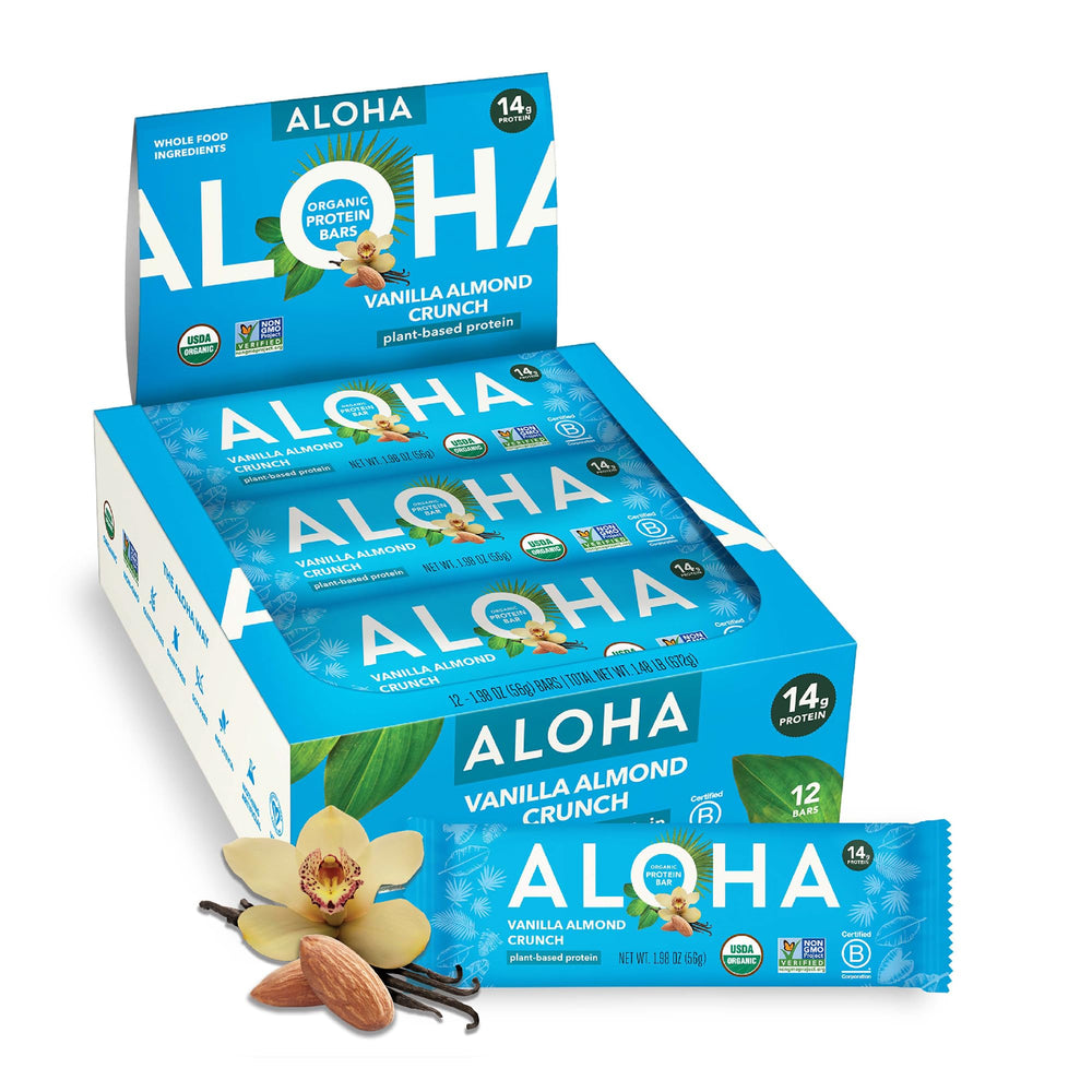 ALOHA Vanilla Almond Crunch bar 12-count package, a convenient plant-based snack with protein