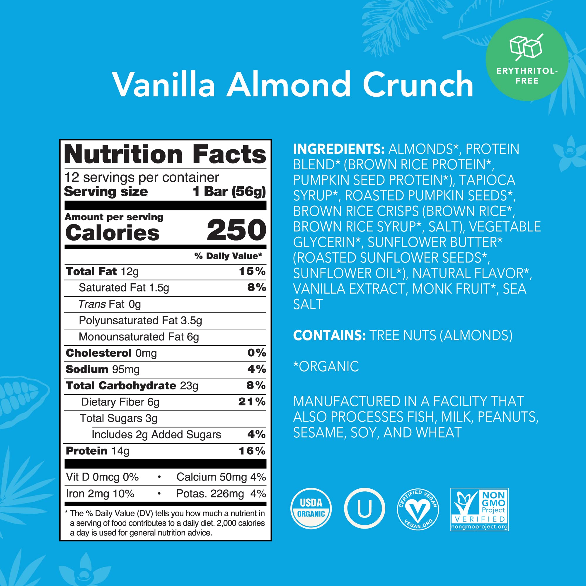 ALOHA Vanilla Almond Crunch bar close-up shows organic almonds and pumpkin seed protein for clean energy