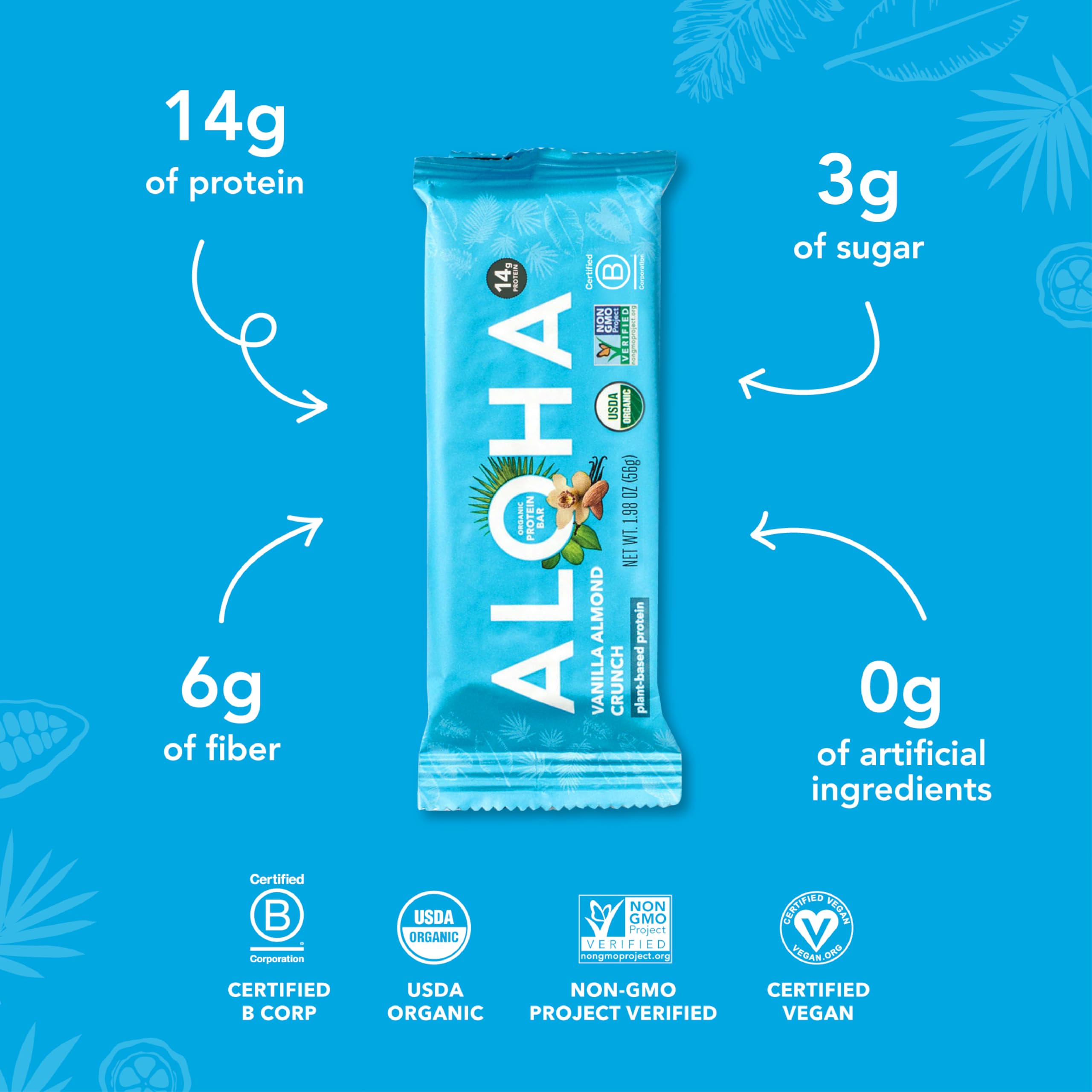ALOHA Vanilla Almond Crunch bar texture shot highlights crunchy bites and sea salt
