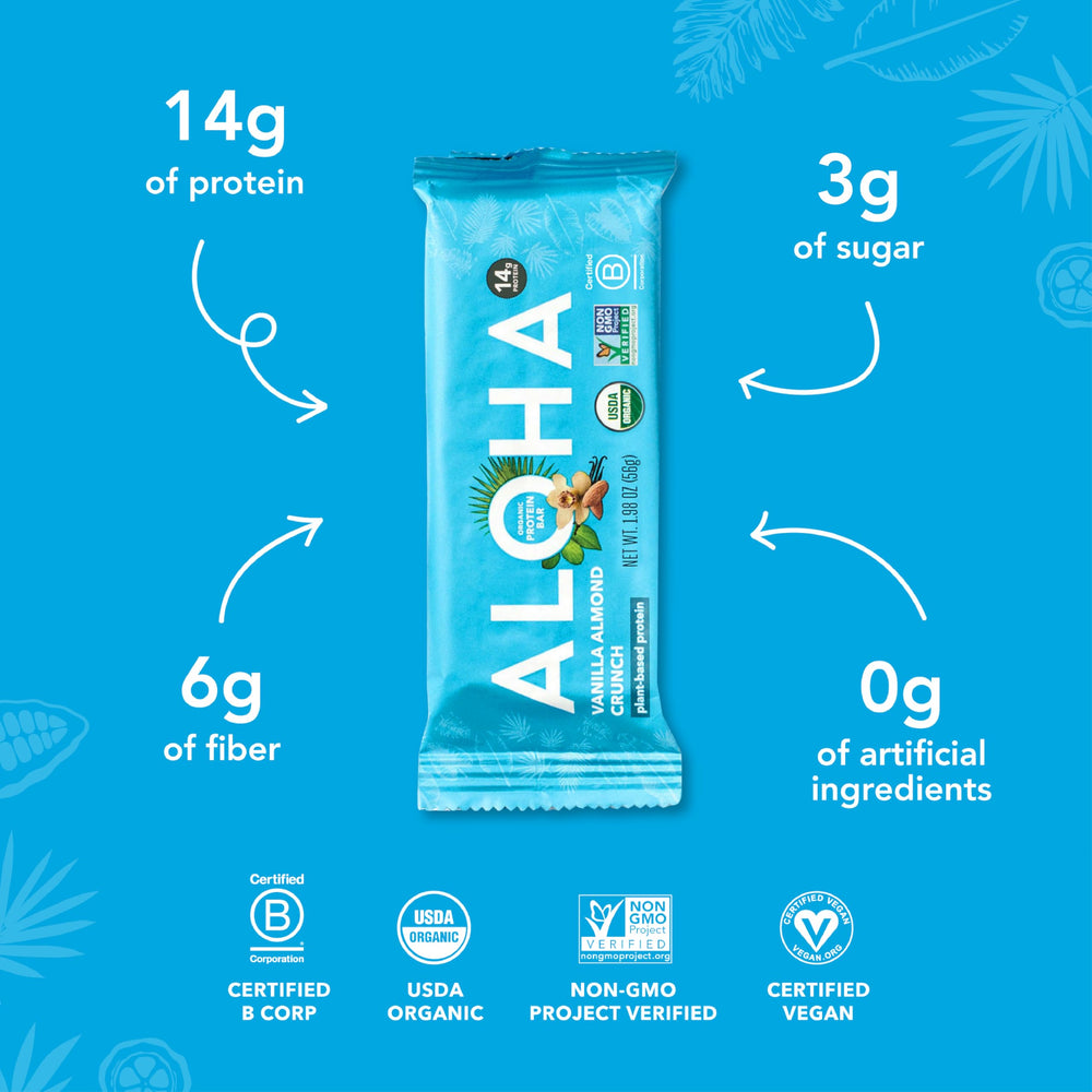 ALOHA Vanilla Almond Crunch bar texture shot highlights crunchy bites and sea salt