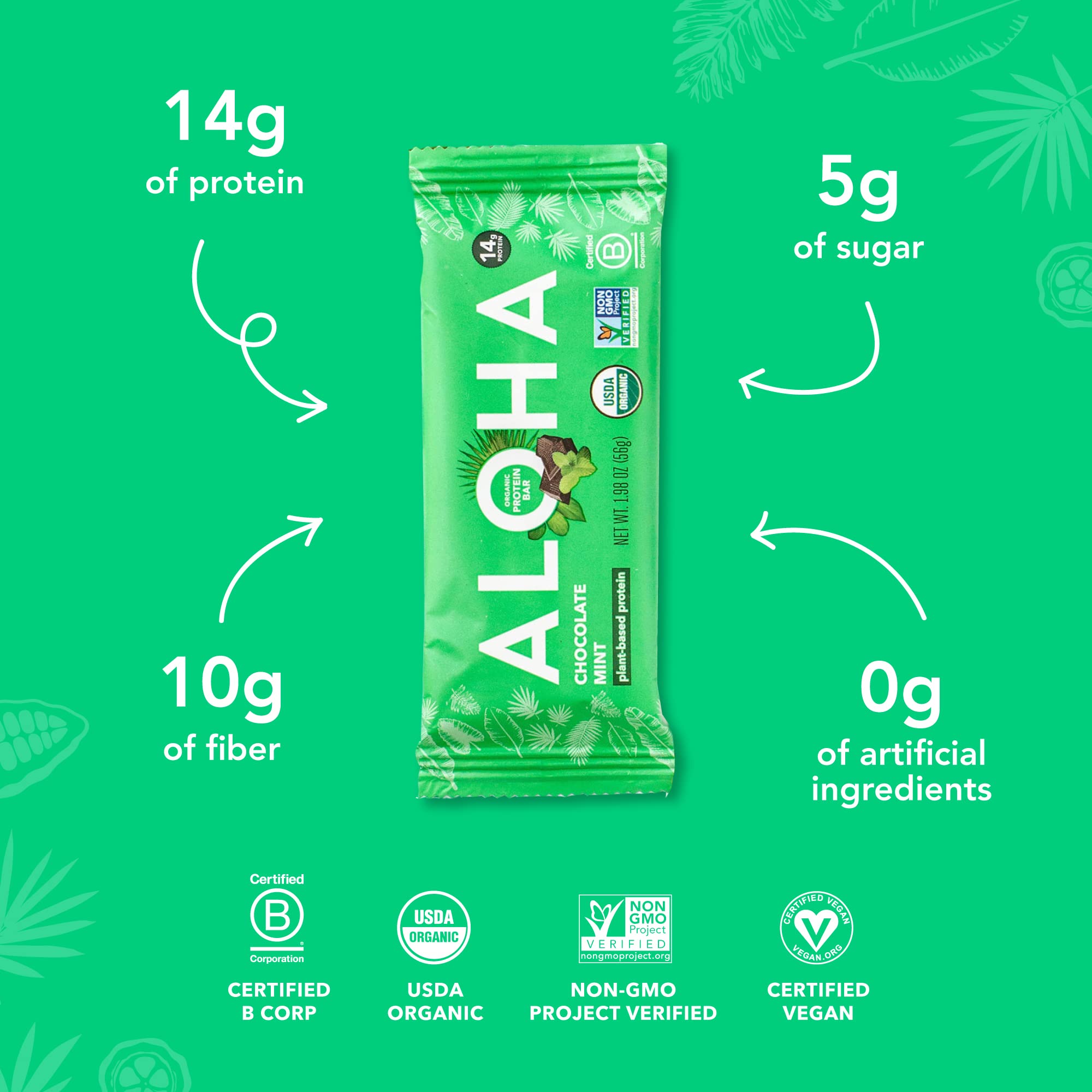 ALOHA vegan, non-GMO gluten-free badge signals diet-friendly options.