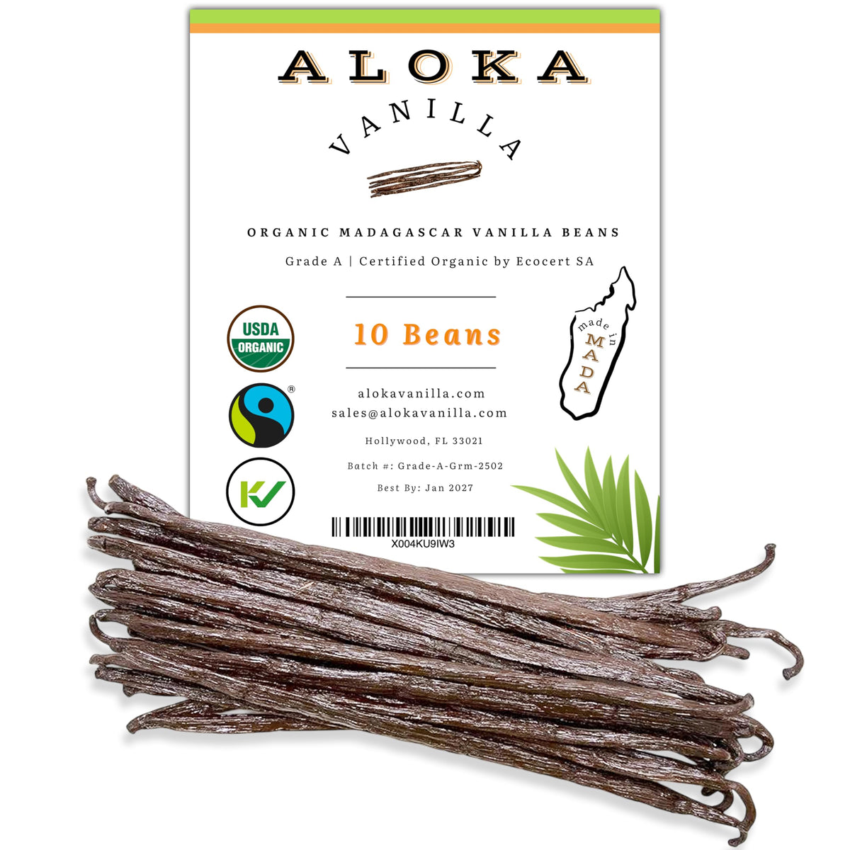 Aloka Vanilla beans pack seal shows premium Madagascar vanilla for pantry elegance.