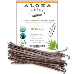 Aloka Vanilla beans pack seal shows premium Madagascar vanilla for pantry elegance.