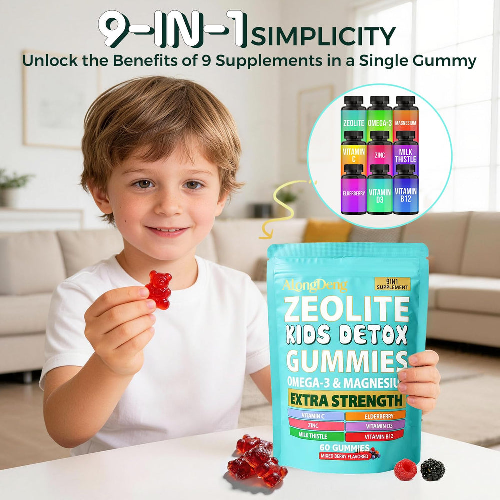 Alongdeng Zeolite Kids Gummies child taking a gummy as a daily supplement.