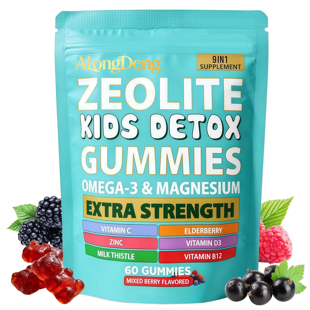Alongdeng Zeolite Kids Gummies package with berry flavor for sugar-free daily nutrition.