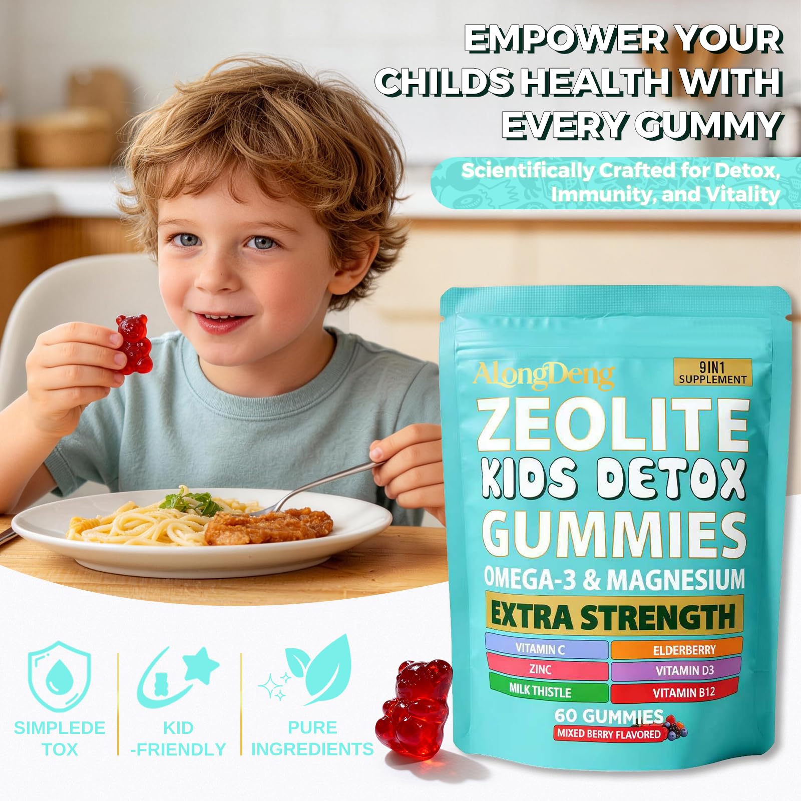 Alongdeng Zeolite Kids Gummies sugar-free label on bottle.
