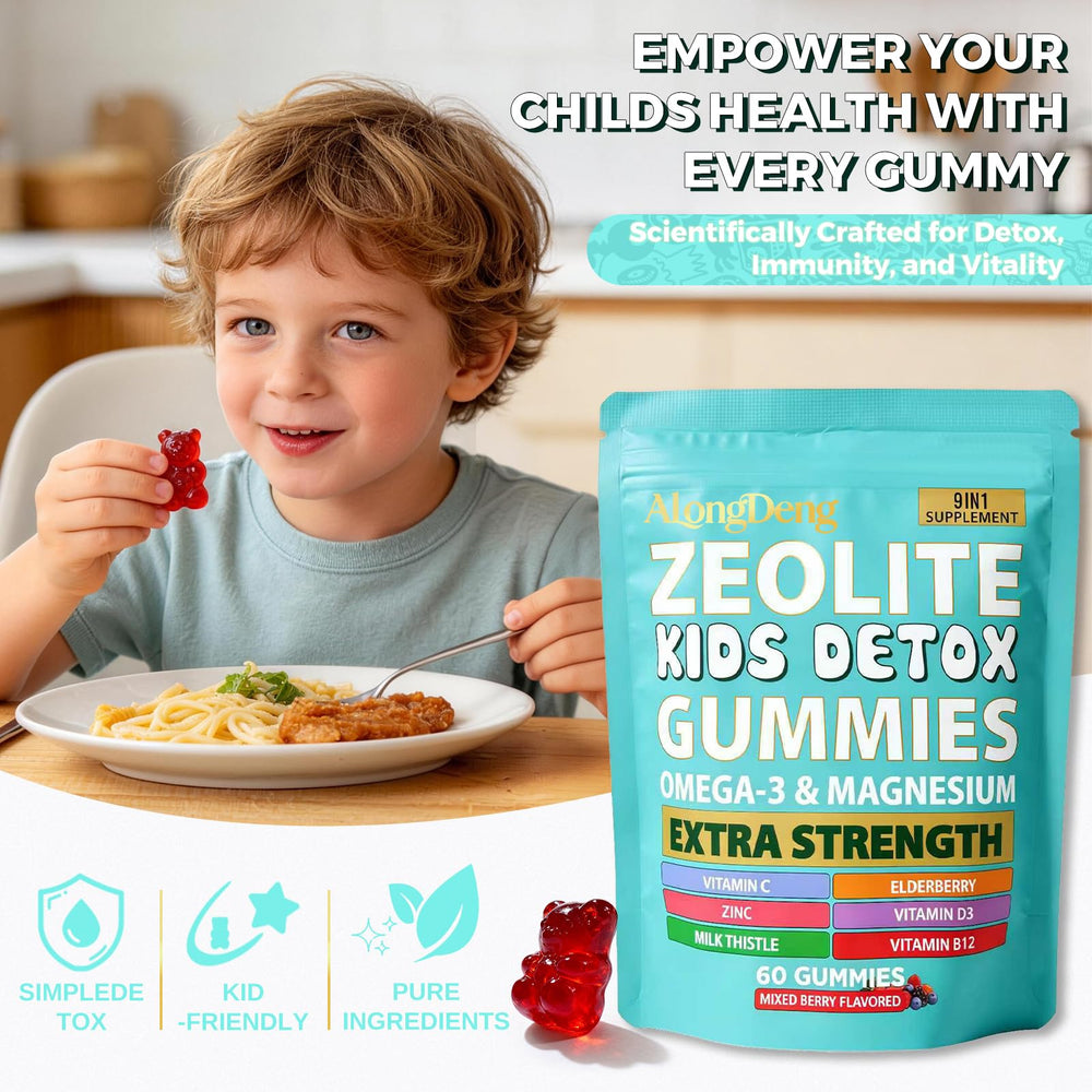 Alongdeng Zeolite Kids Gummies sugar-free label on bottle.