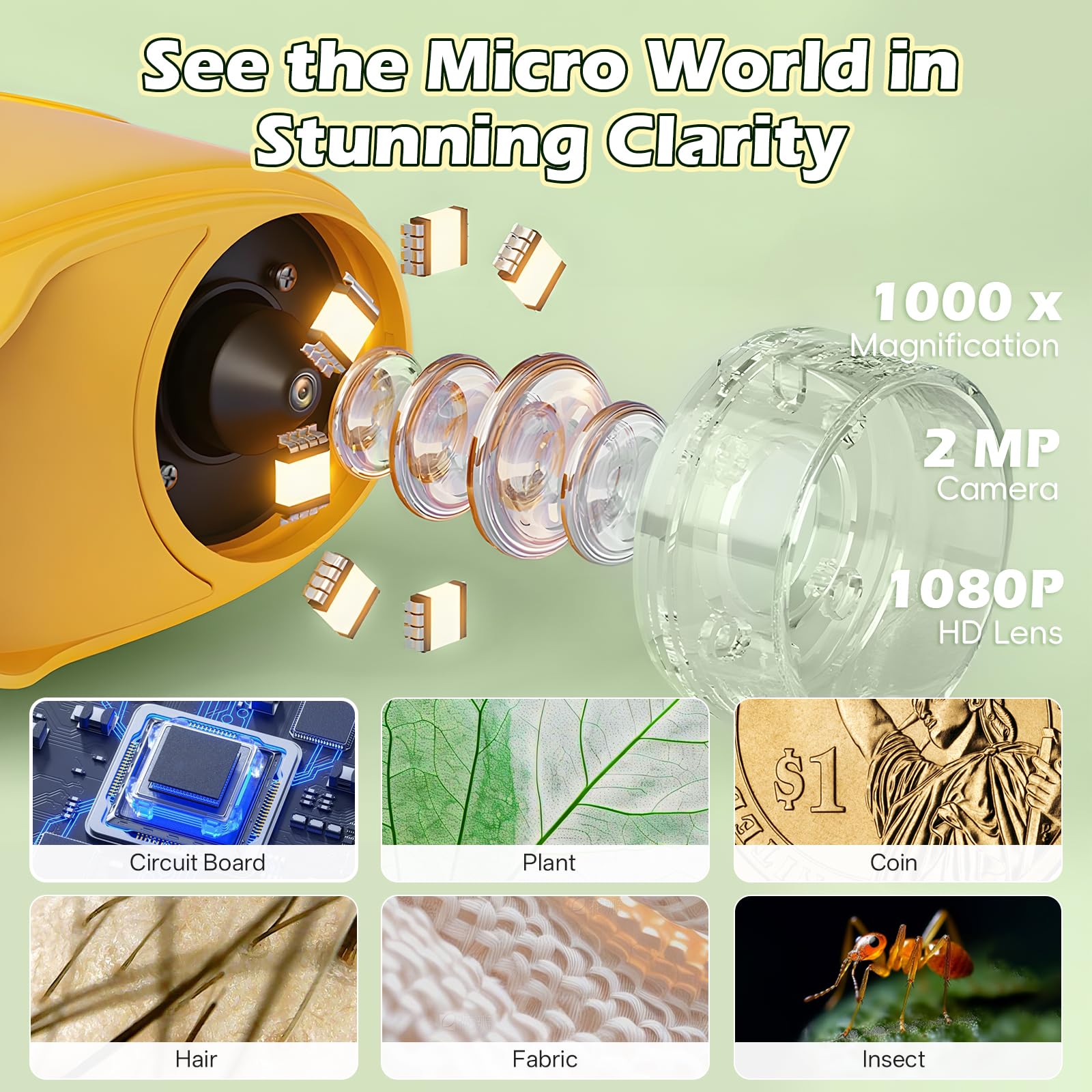 Three-in-one Alotwan microscope offers close-up viewing, distant observation, and video recording.