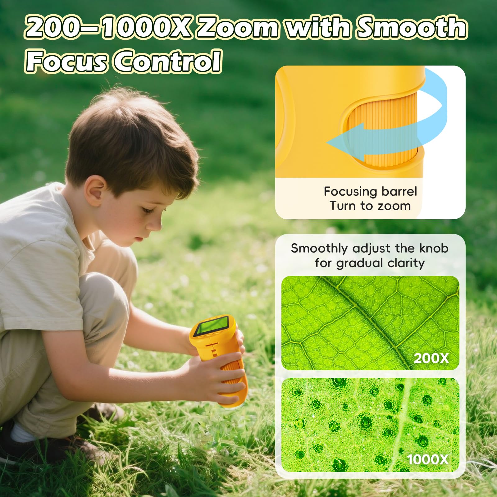 Ergonomic one-handed grip on Alotwan microscope supports easy focus for kids.