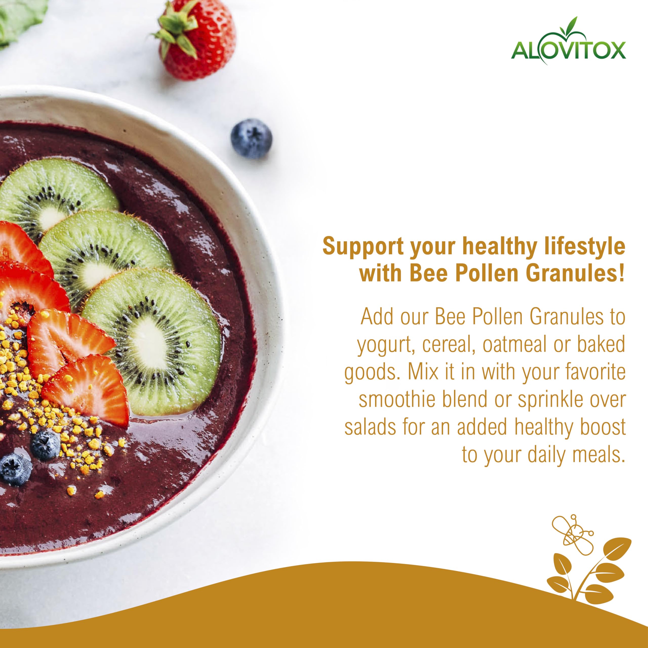 Bottle label showing Alovitox Bee Pollen gluten-free and protein rich