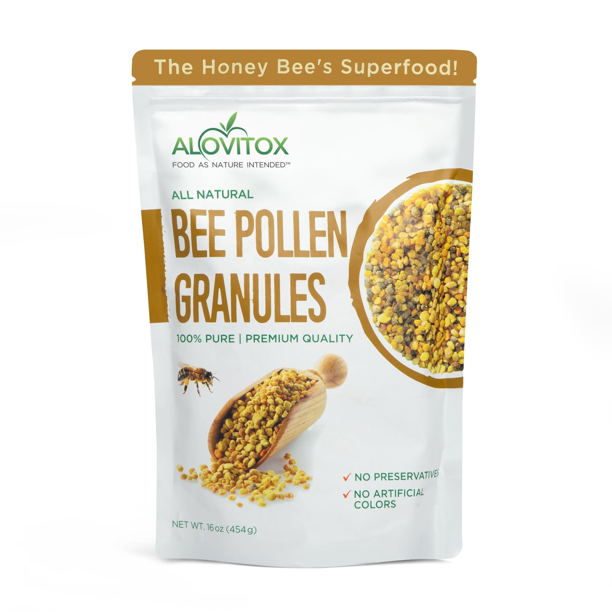 Alovitox Bee Pollen granules in jar close-up for daily use