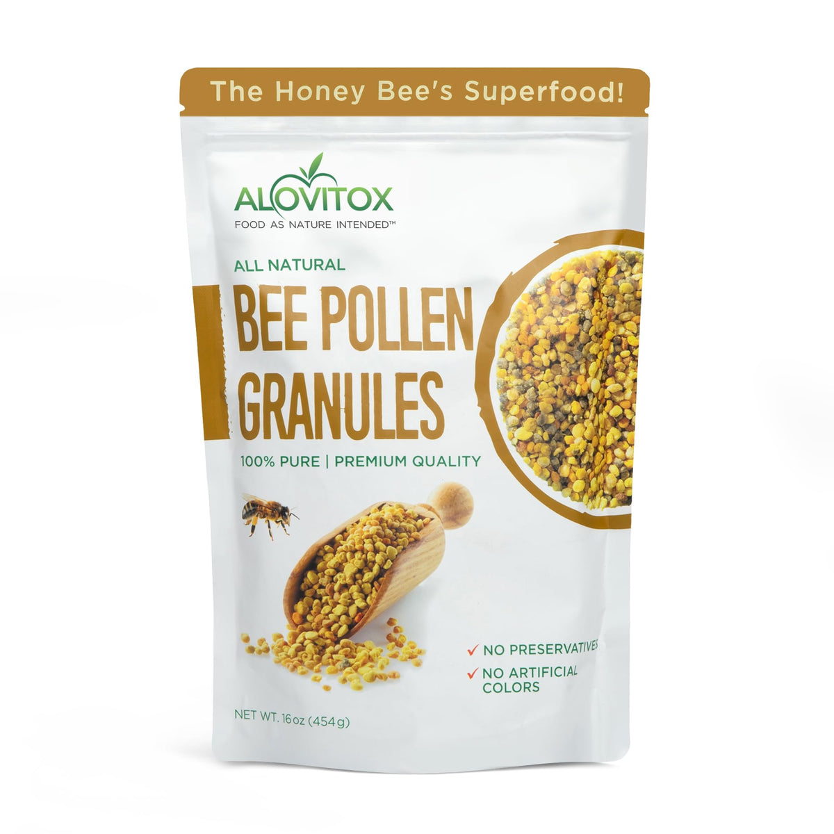 Alovitox Bee Pollen granules in jar close-up for daily use