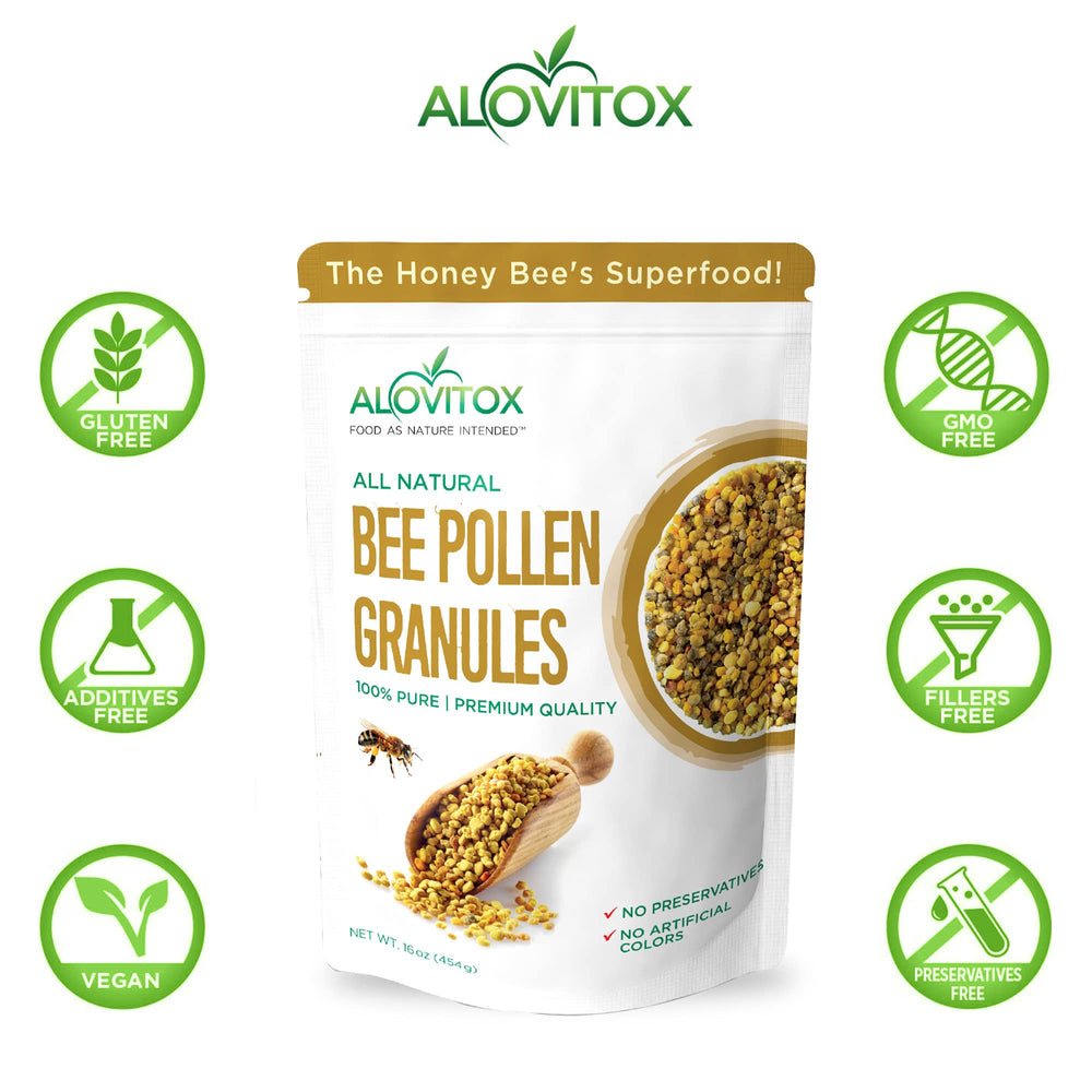 Alovitox Bee Pollen granules on oatmeal bowl for crunch and nutrients