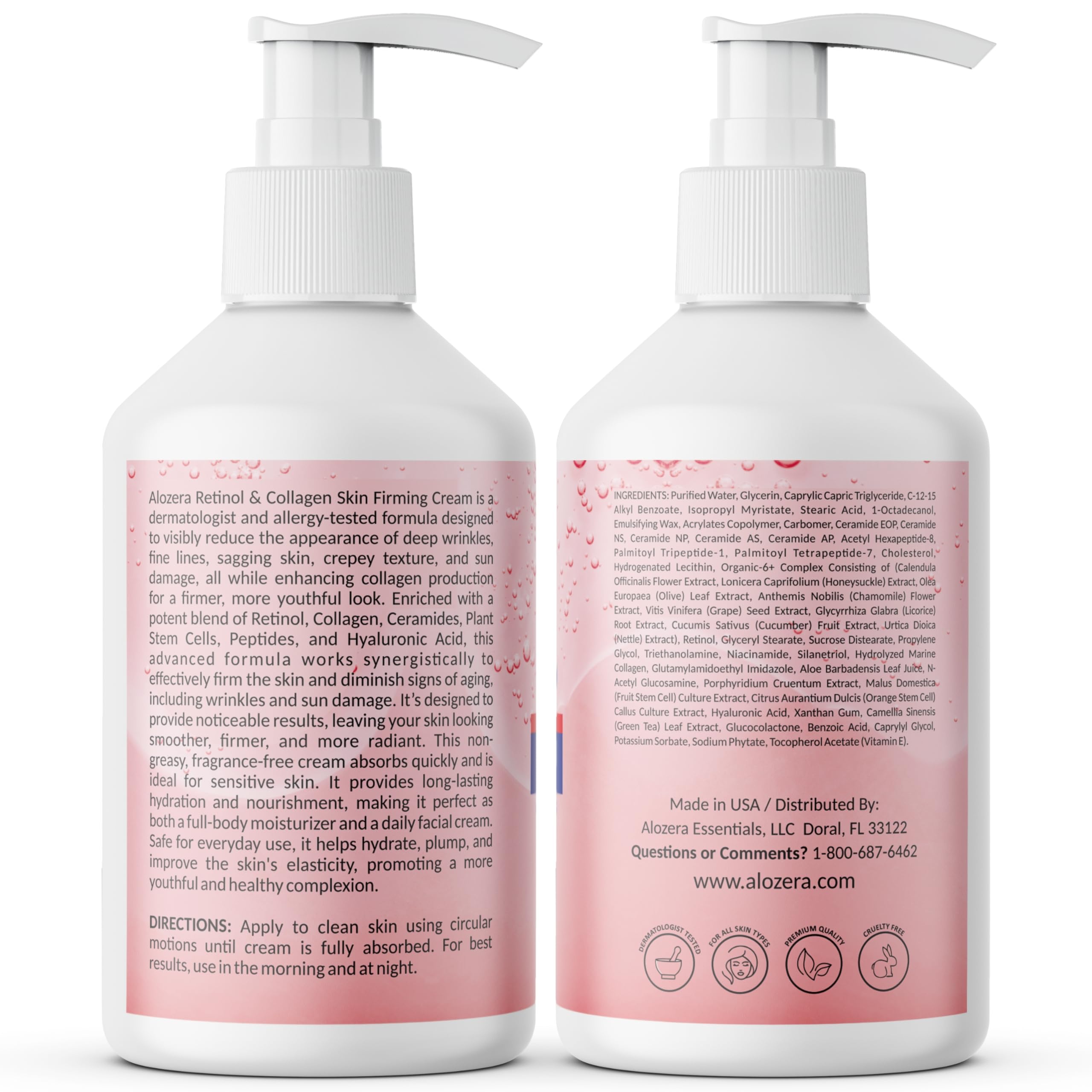 Alozera hyaluronic acid hydration bottle highlighting moisture.