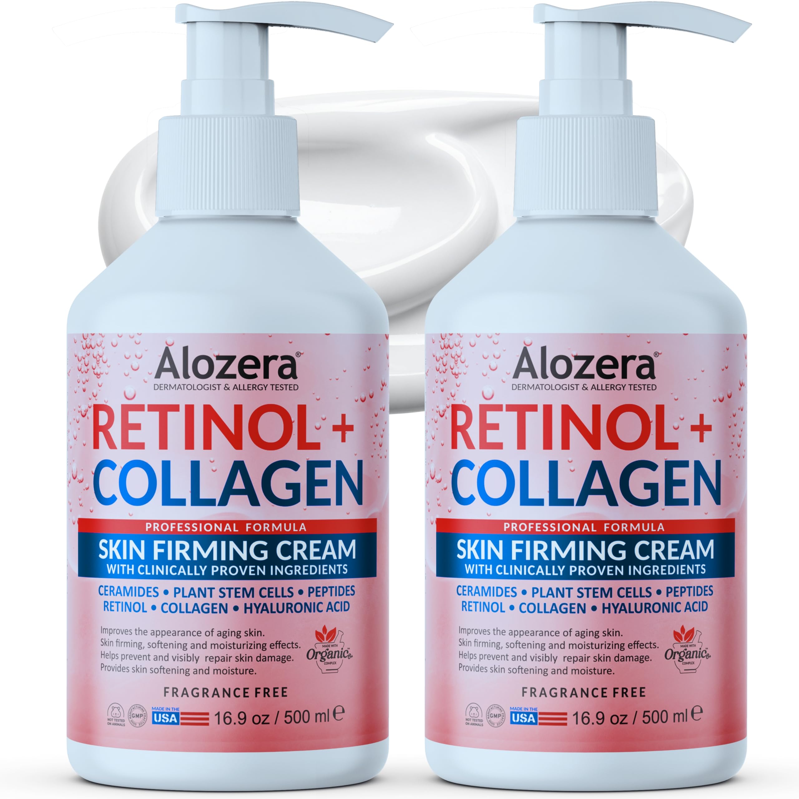 Alozera Skin Firming Retinol Lotion bottle highlighting firmer skin.