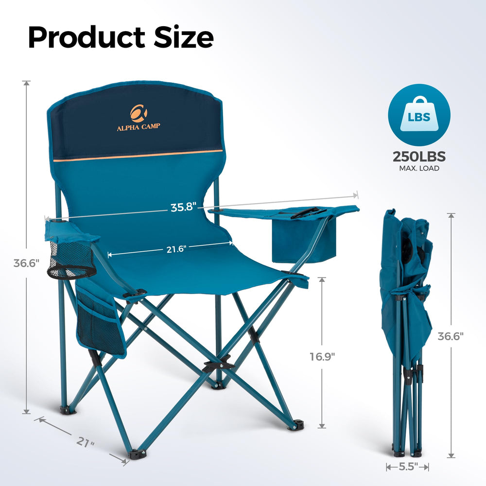 ALPHA CAMP chair close-up shows a 3-can cooler armrest.