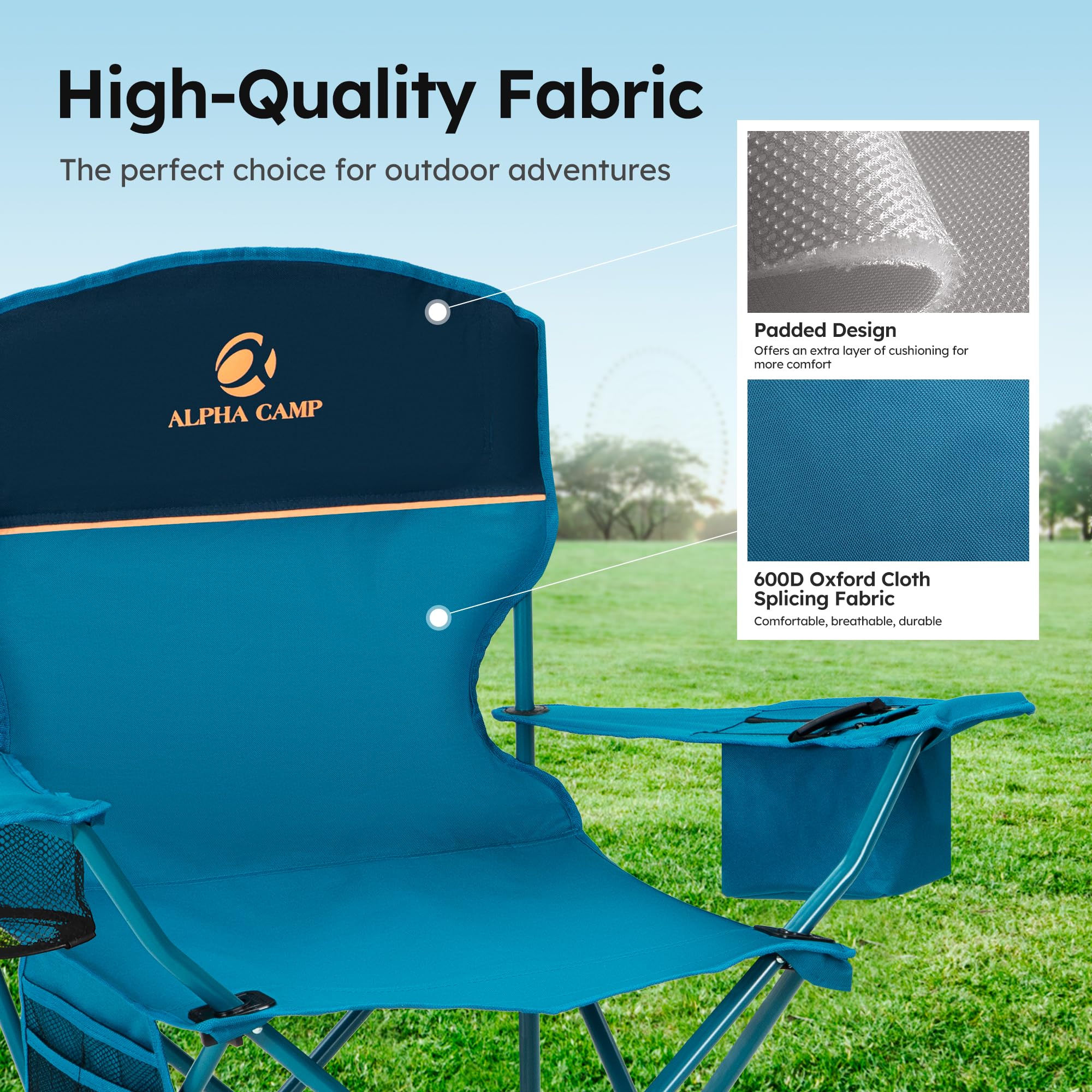 ALPHA CAMP heavy-duty chair features rugged 600D fabric and reinforced steel frame.