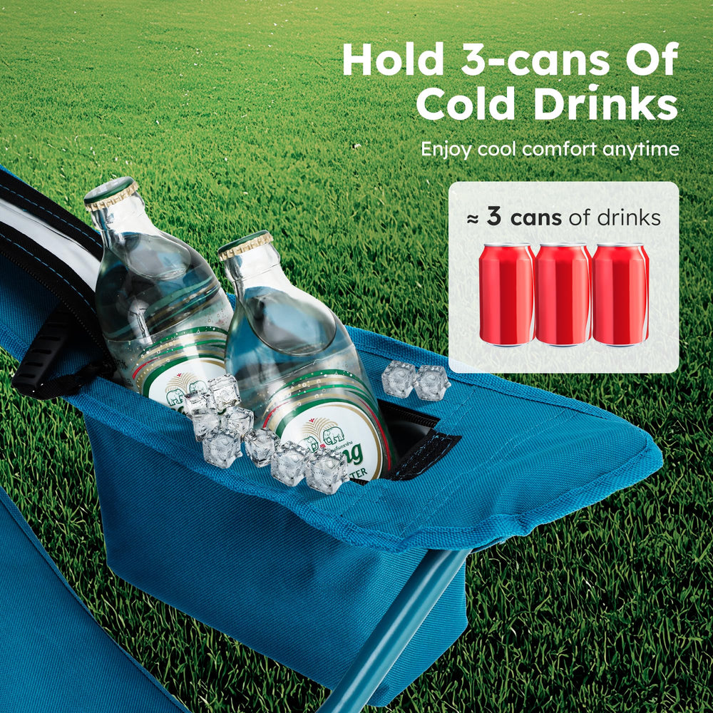 ALPHA CAMP chair with side pocket and cup holder within reach.