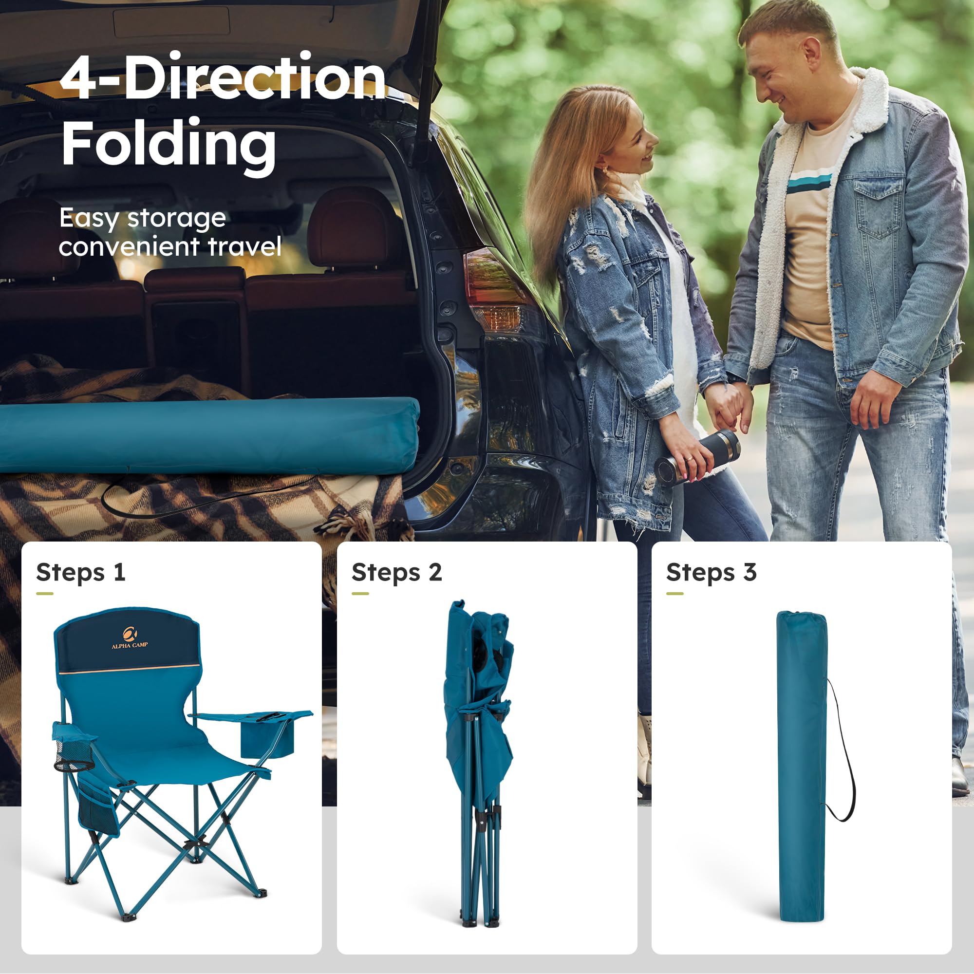 ALPHA CAMP chair supports up to 250 lbs for versatile seating.
