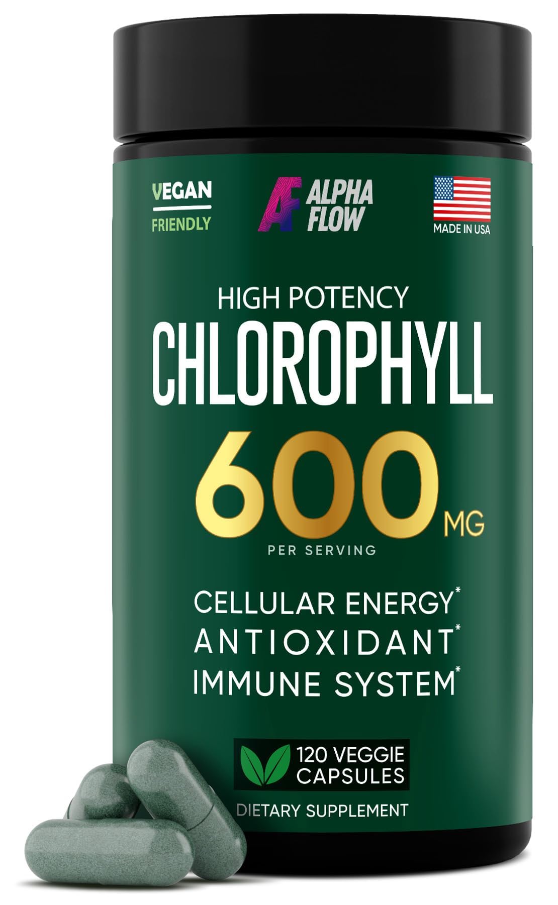 Alpha Flow chlorophyll capsules bottle illustrates daily greens support.