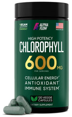 Alpha Flow chlorophyll capsules bottle illustrates daily greens support.