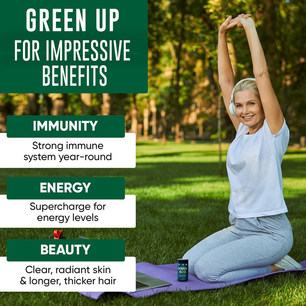 Leaves and capsules symbolize natural energy and digestion support.