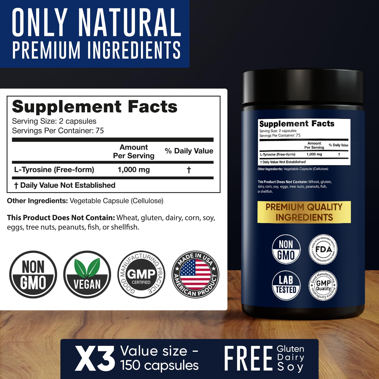 Ingredients panel of Alpha Flow L Tyrosine for clean nutrition.
