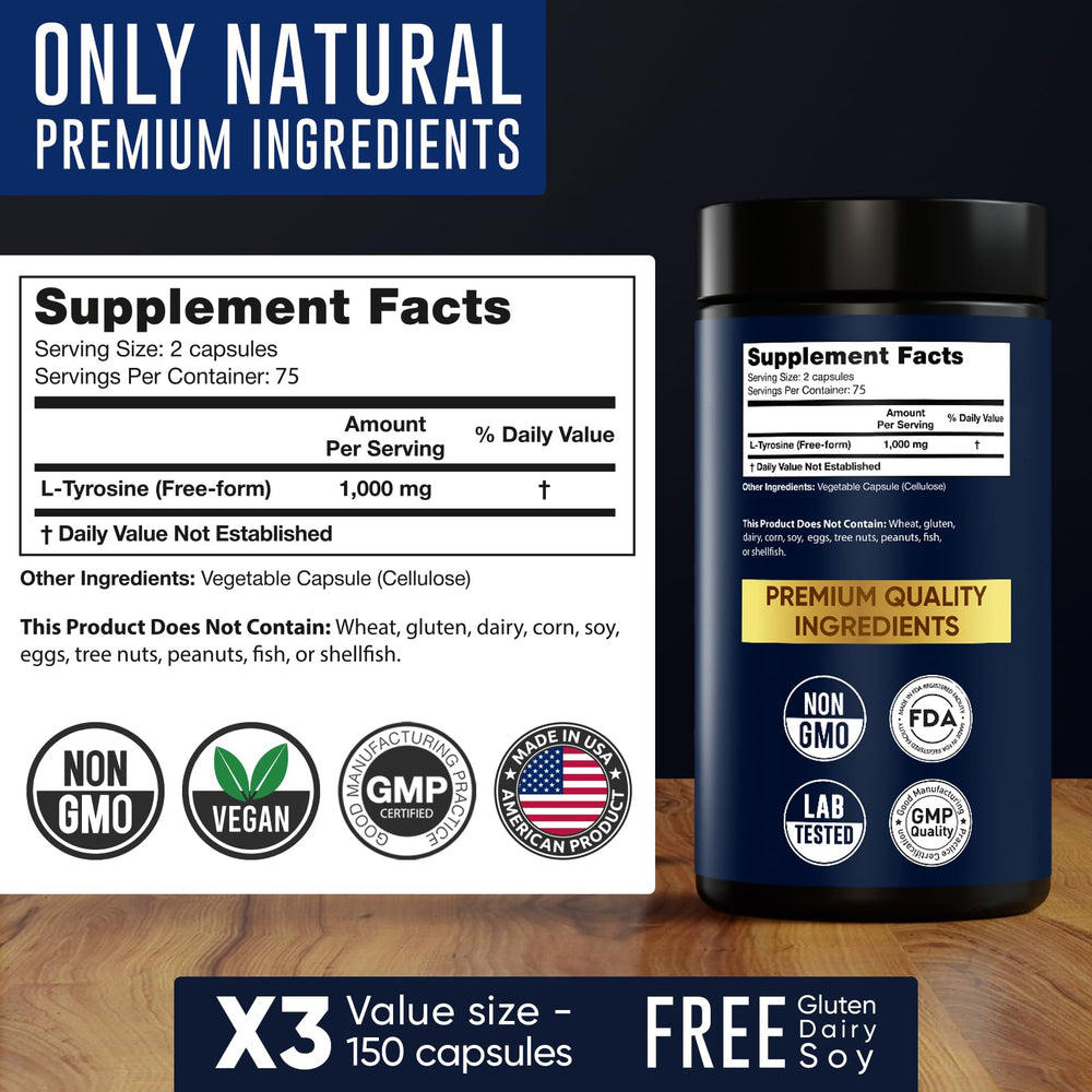 Ingredients panel of Alpha Flow L Tyrosine for clean nutrition.