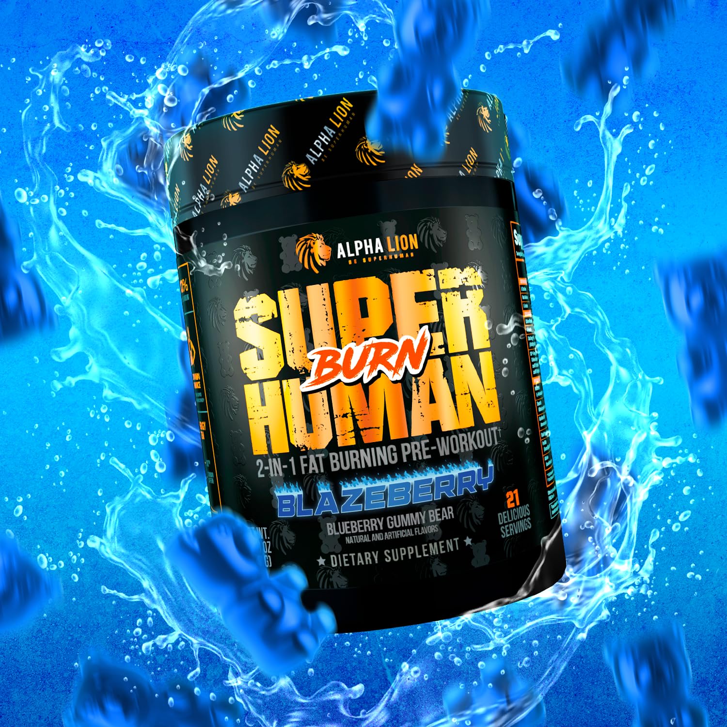 Alpha Lion Blue Gummy Bear powder scoop emphasizes easy dosing during gym sessions.