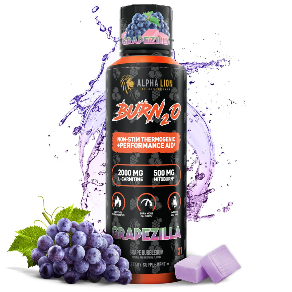ALPHA LION Burn2O Grapezilla bottle shows caffeine-free metabolism support.