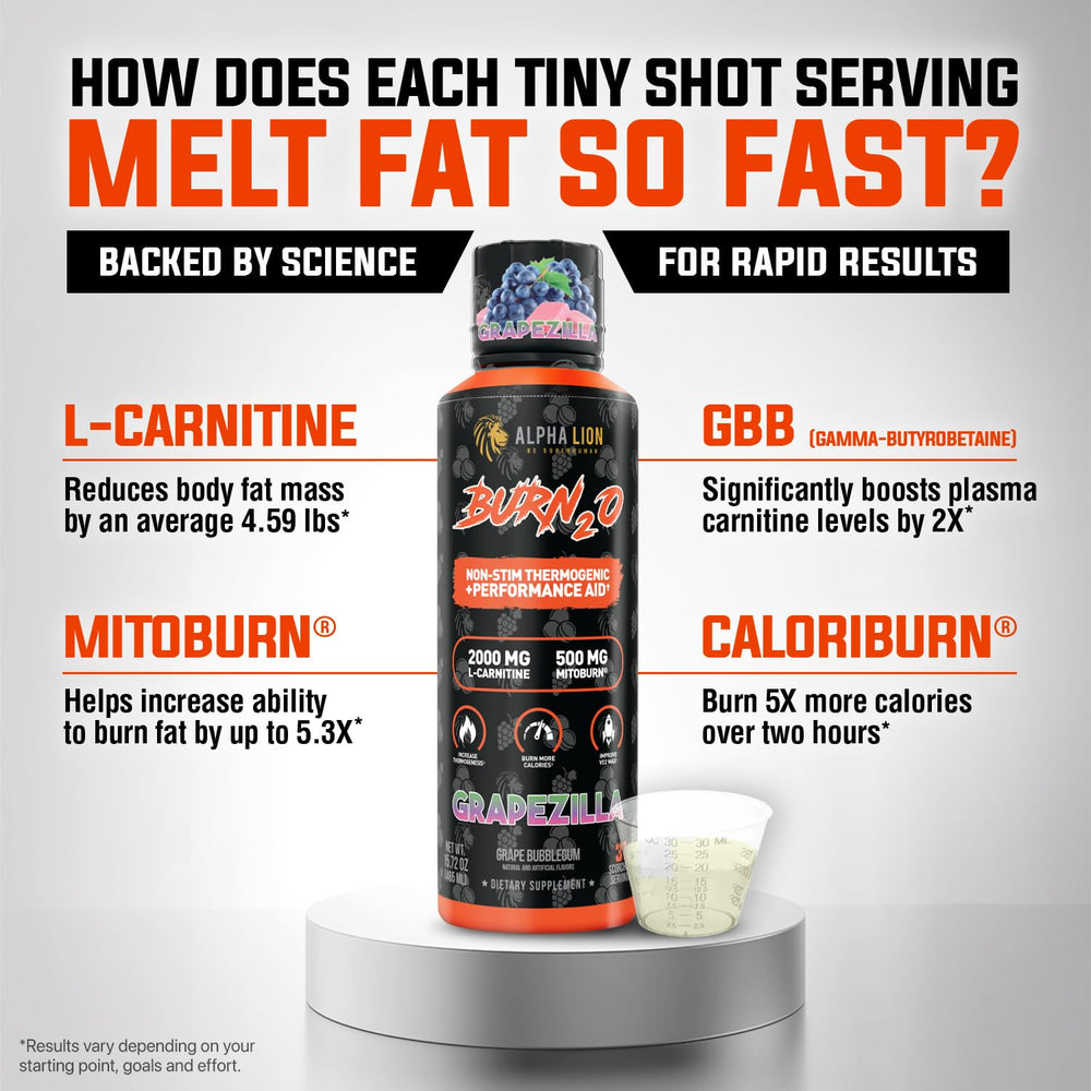 ALPHA LION Burn2O Grapezilla pour shot enables quick energy for workouts.