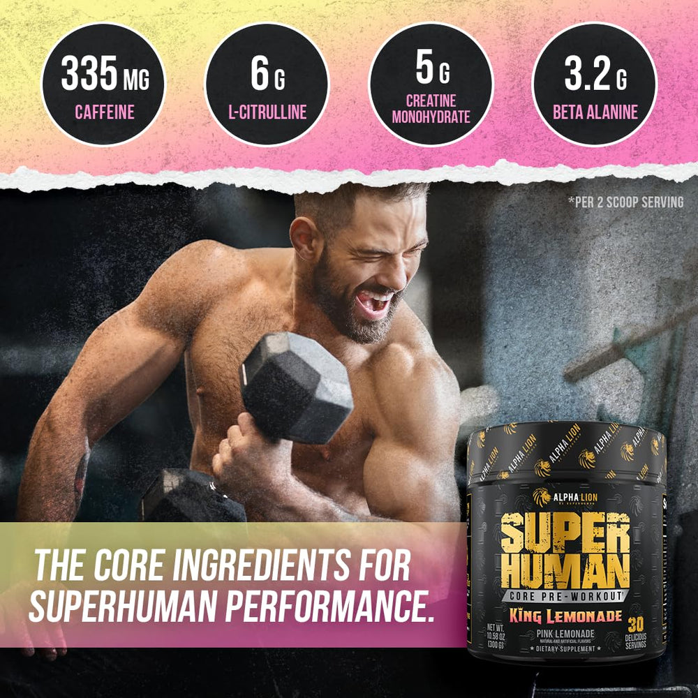 ALPHA LION Core Pre-Workout King Lemonade label close-up for refreshing flavor during workouts.