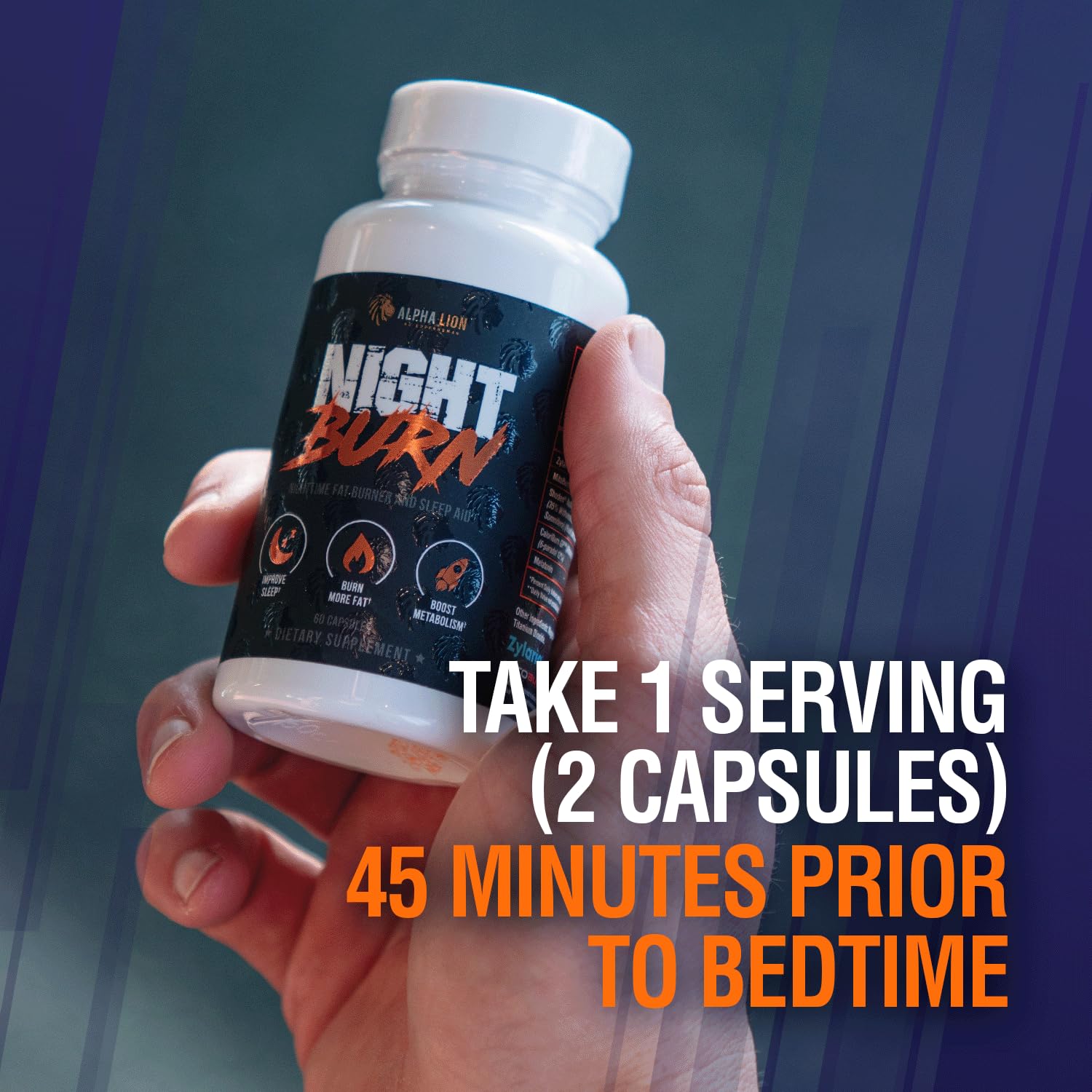 ALPHA LION Night Burn with tranquil ambiance suggesting relax-and-rest routine.