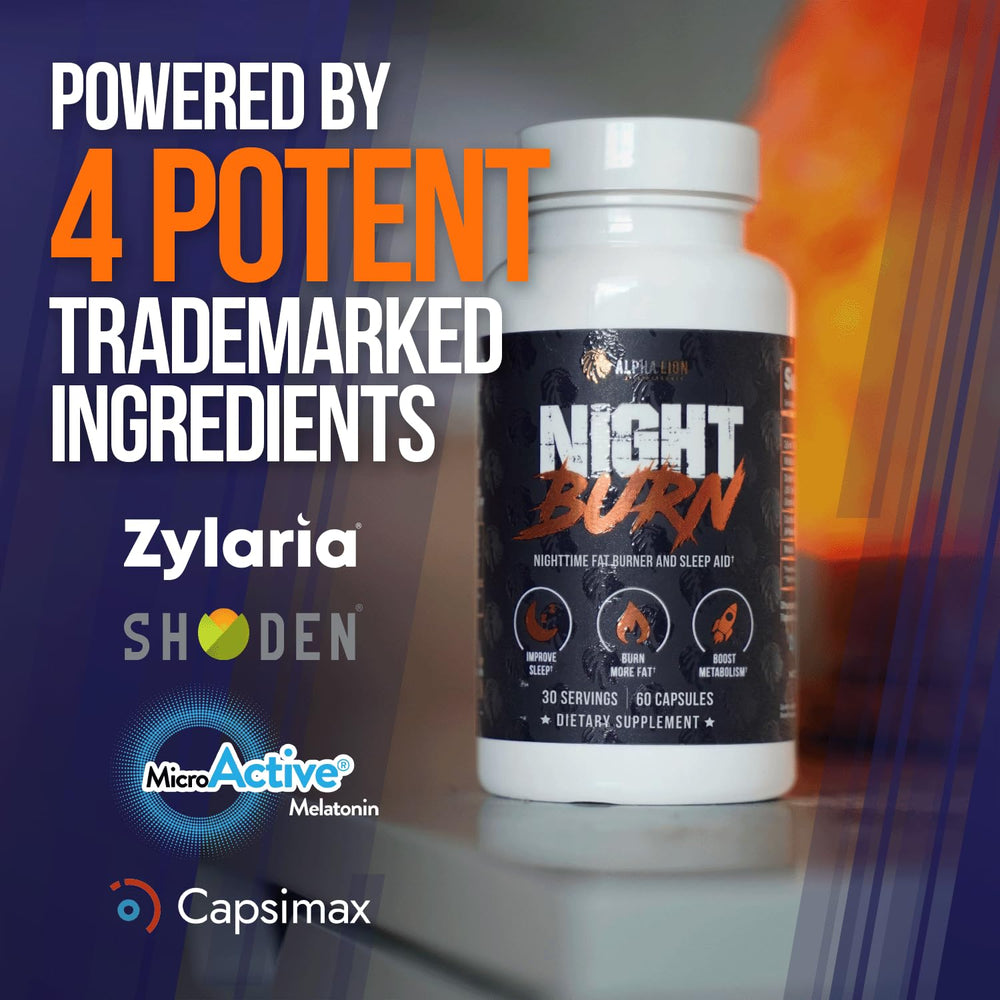 ALPHA LION Night Burn label detail highlighting key features for shoppers.