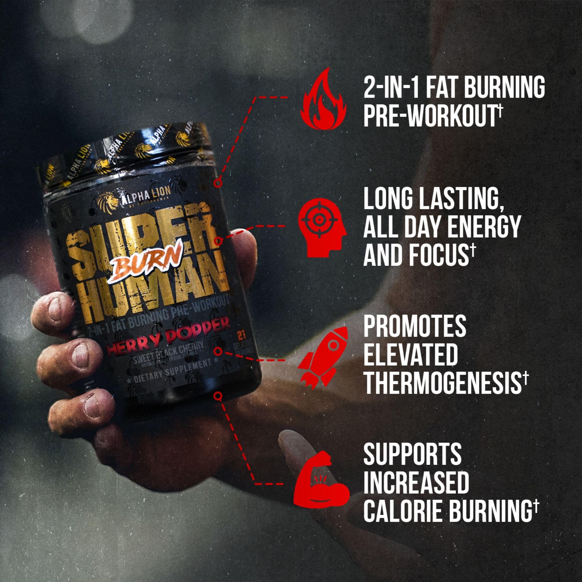 ALPHA LION Superhuman Burn bottle back lists ingredients and safety notes.