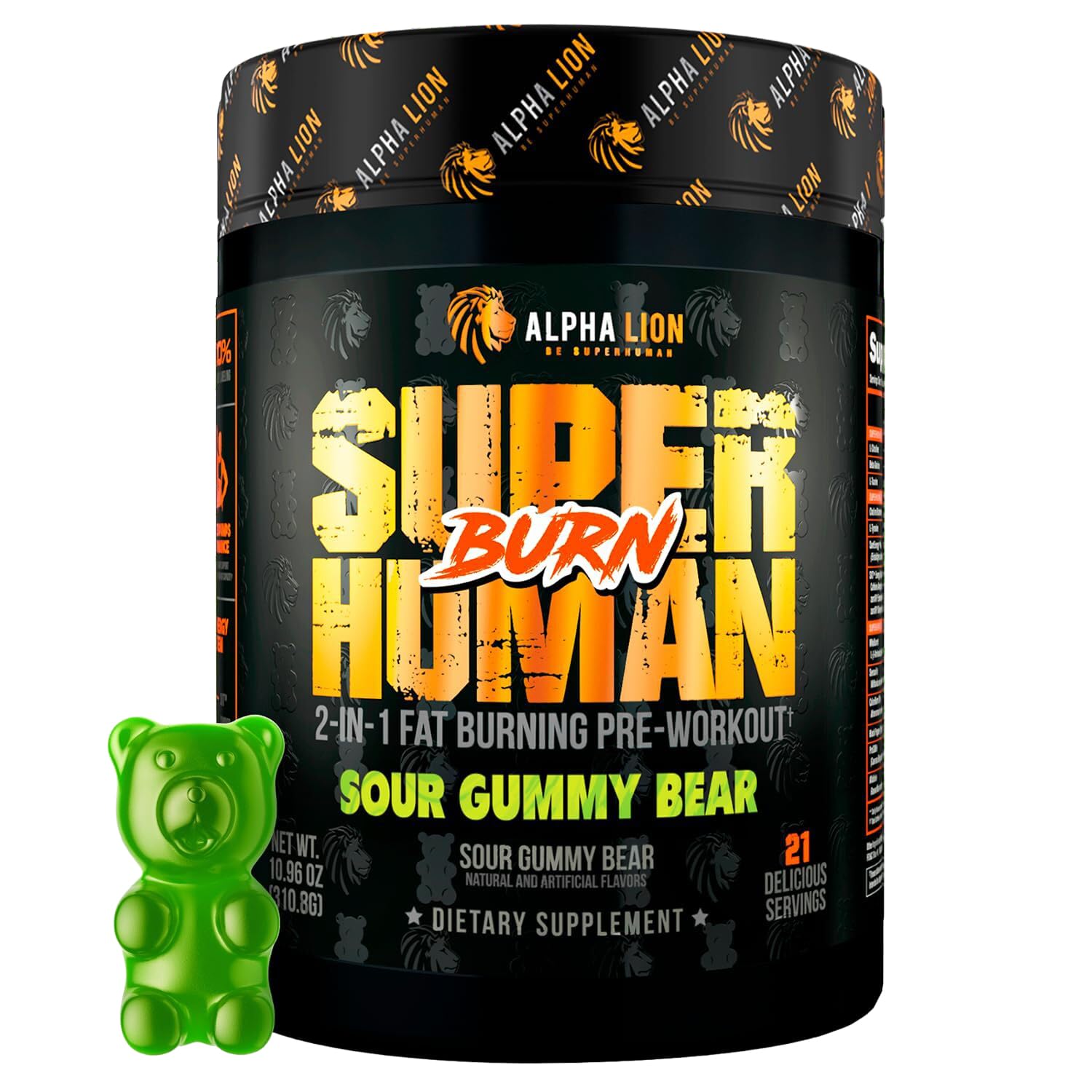 ALPHA LION Superhuman Burn bottle front highlighting energy-boosting formula for workouts.