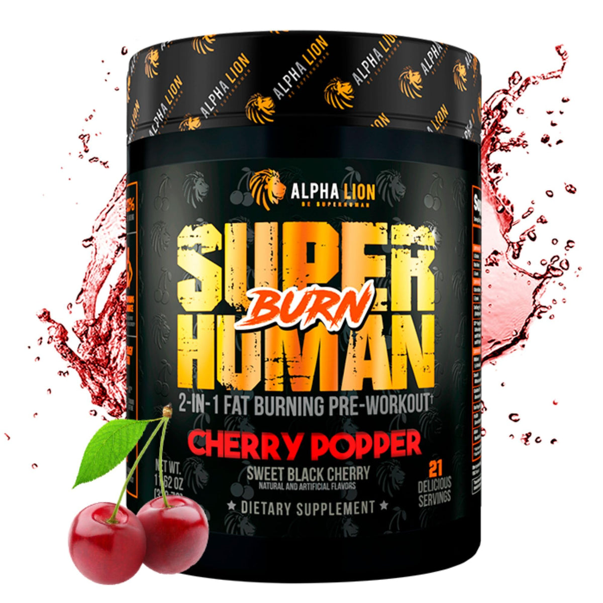 ALPHA LION Superhuman Burn bottle front with 21 servings and cherry flavor.