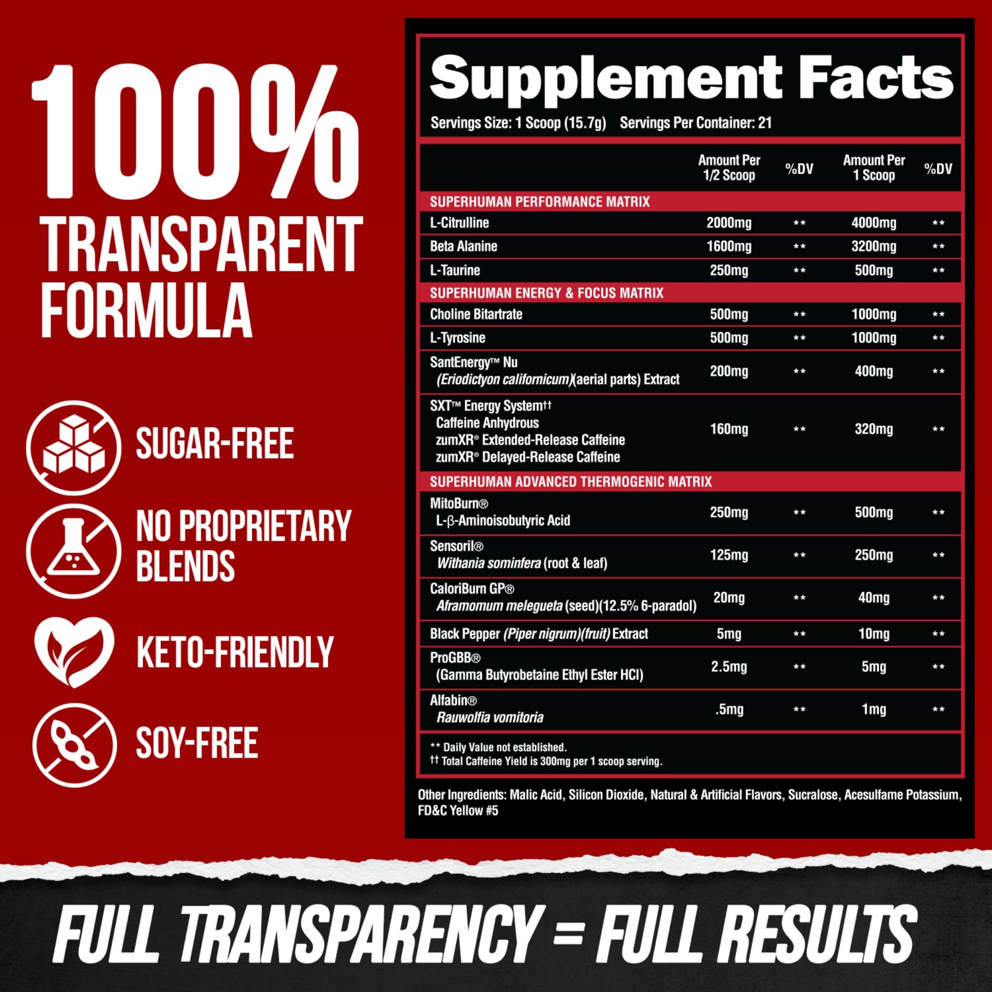 ALPHA LION Superhuman Burn label highlights SXT energy system.