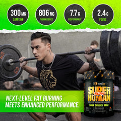 ALPHA LION Superhuman Burn label highlights seven trademarked ingredients for safety.