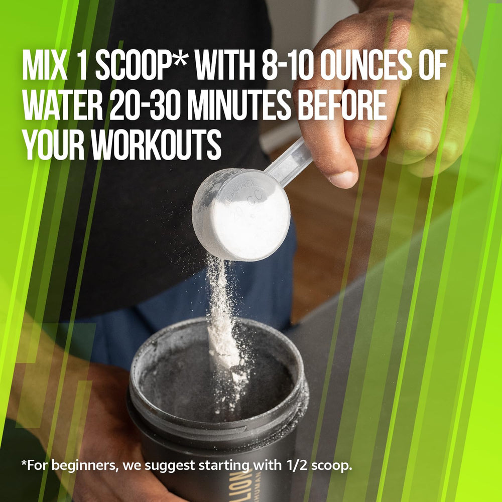ALPHA LION Superhuman Burn powder being mixed for a quick preworkout ritual.