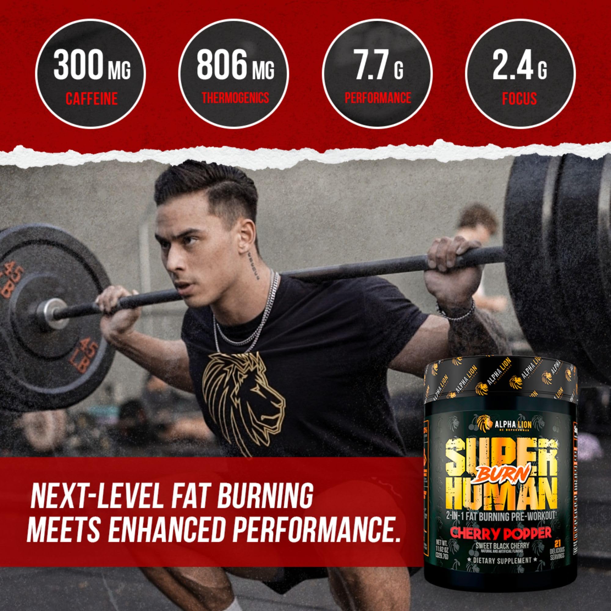ALPHA LION Superhuman Burn scoop demonstrates easy powder portion for quick mixing.