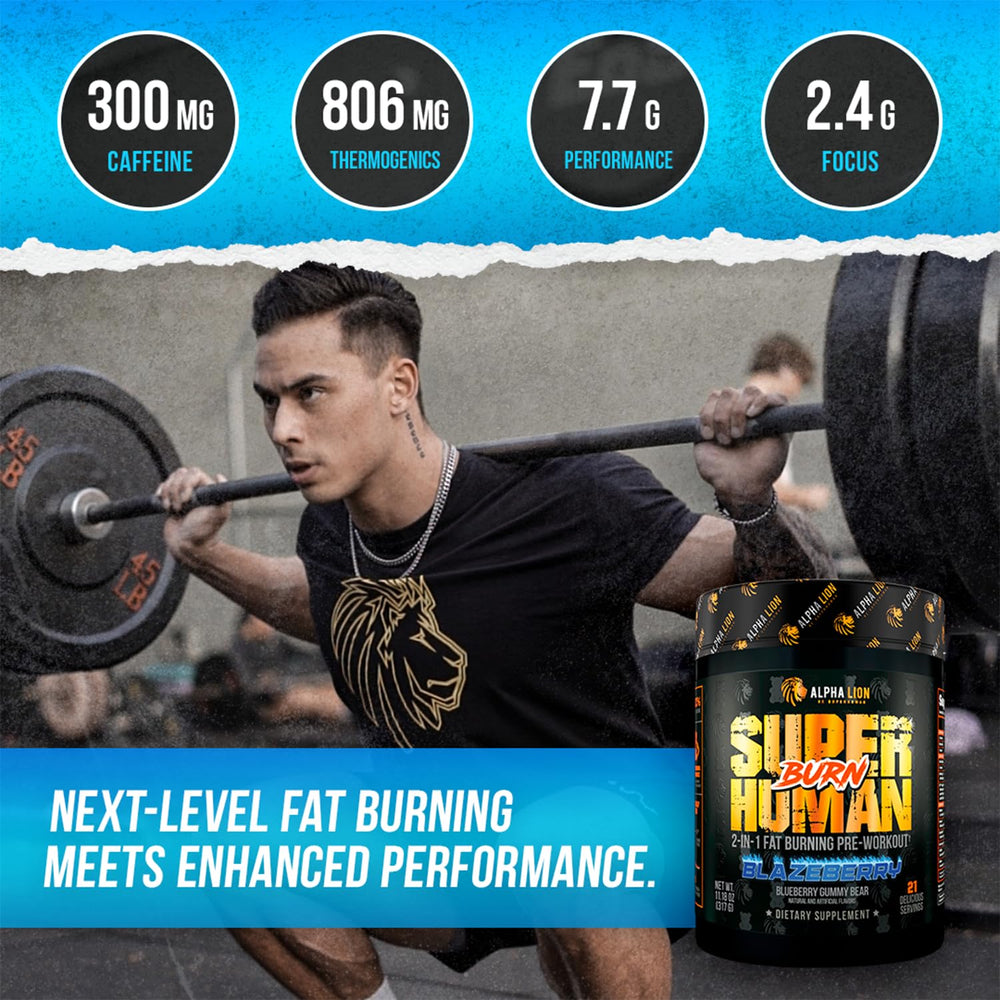 Alpha Lion Superhuman Burn tub front showcases blue gummy bear flavor for a tasty pre-workout.