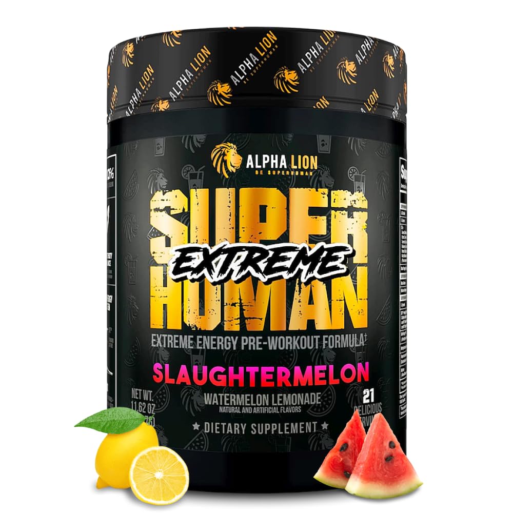 Alpha Lion Superhuman Extreme bottle highlights energizing pre workout for intense sessions.